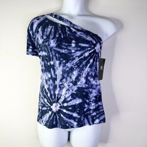 Rock&Republic Top Women XXL Blue Tie Dye One Shoulder Short Slv Cottage Boho NWT